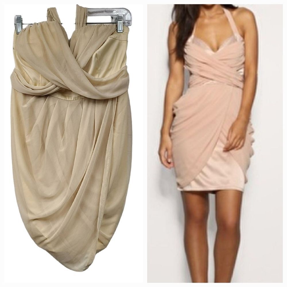 NWT Short Crinkle Chiffon Drape Halter Dress Taupe Bridesmaid Prom Formal I.C.U.